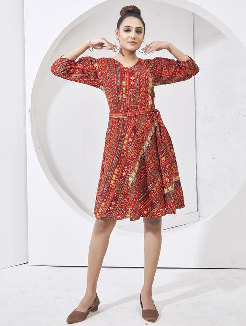 red printed cotton a-line ethnic dress - 21179048 - Very Small Image - 1