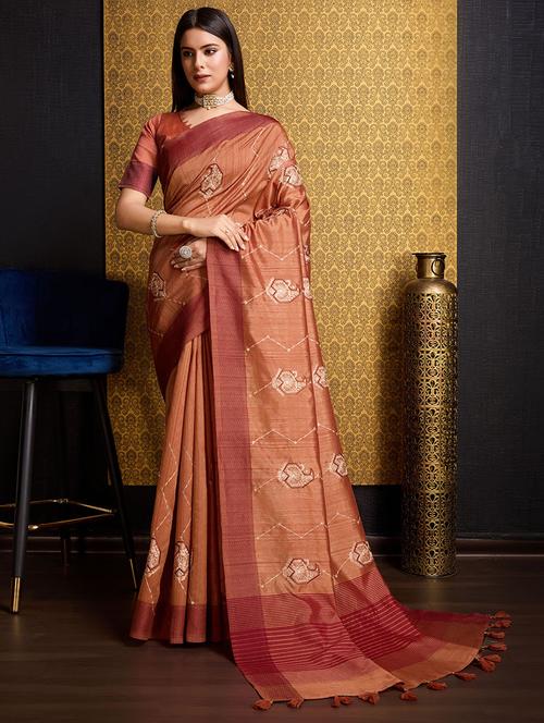 brown tussar silk embroidered saree - 21179087 - Very Small Image - 1