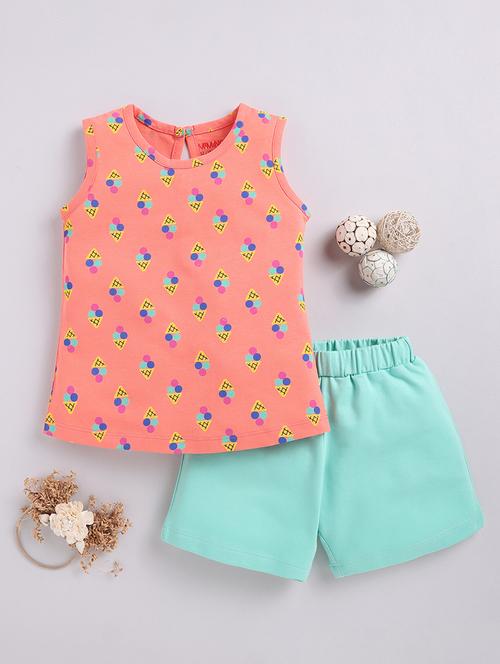coral cotton printed t-shirt & shorts set - 21180599 - Very Small Image - 1