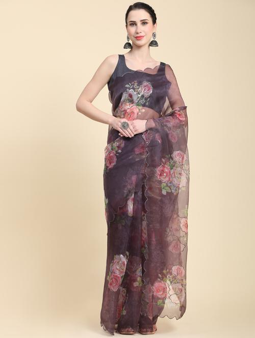 women brown floral printed saree - 21183872 - Very Small Image - 1