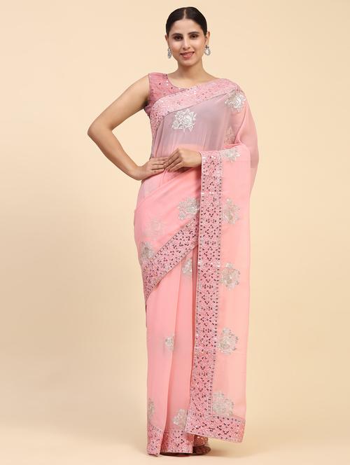 womem peach sequin work embroidered saree with blouse - 21183918 - Very Small Image - 1