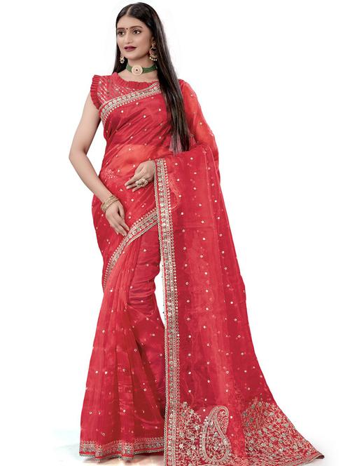 women red sequin work embroidered saree with blouse - 21183938 - Very Small Image - 1