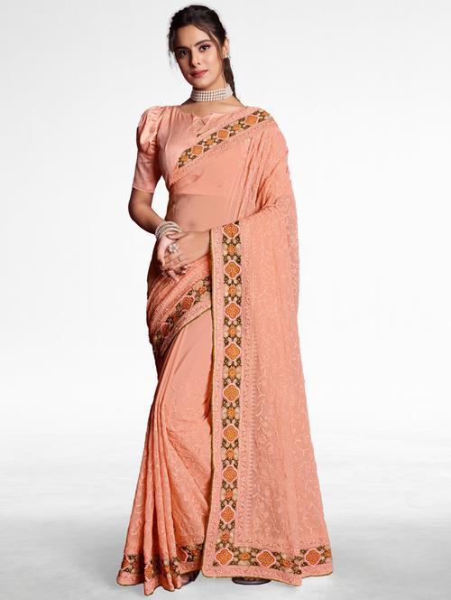 women peach embroidered saree - 21183940 - Very Small Image - 1