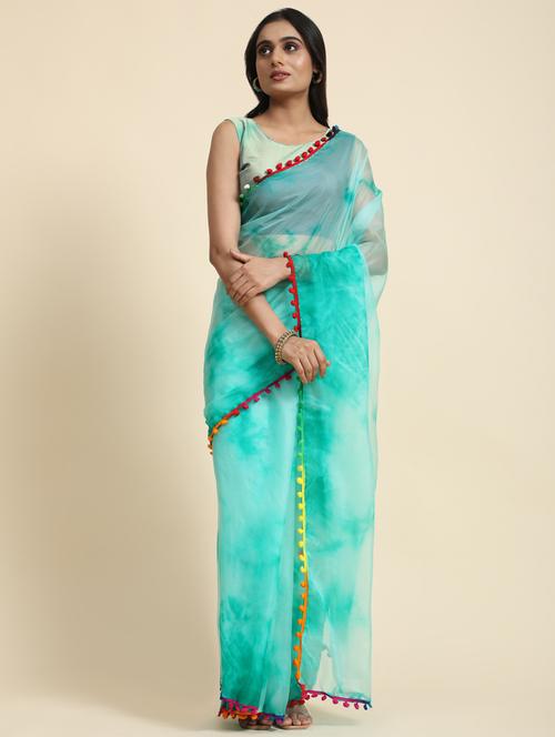 women sea green printed lace work saree with blouse - 21183979 - Very Small Image - 1