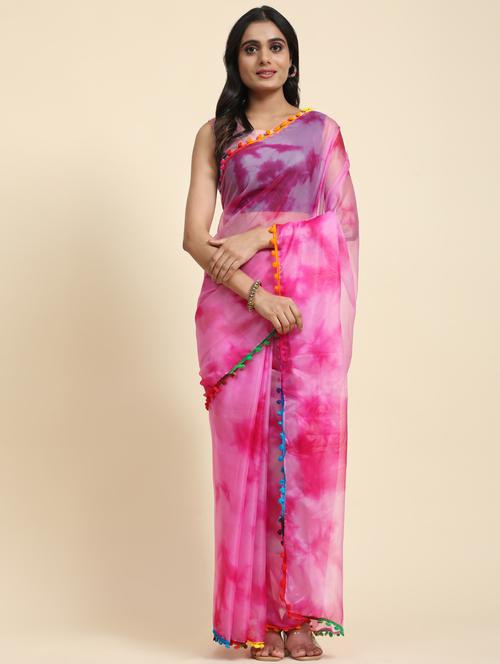 women pink printed lace work saree with blouse - 21183982 - Very Small Image - 1