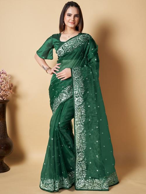 women green sequin work embroidered saree with blouse - 21184037 - Very Small Image - 1