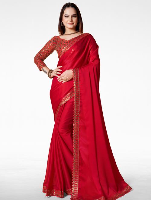 women red solid lace work saree with blouse - 21184063 - Very Small Image - 1