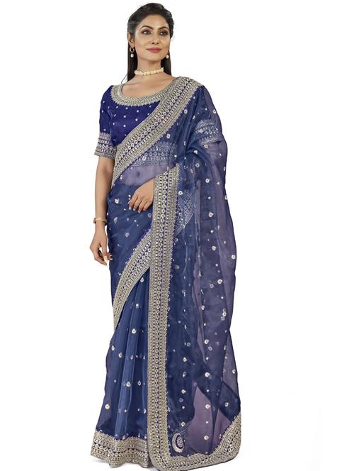 women navy blue embroidered saree with blouse - 21184124 - Very Small Image - 1