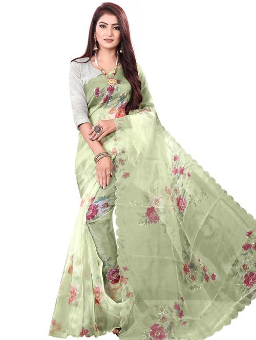 women neon mint floral printed saree with blouse - 21184169 - Very Small Image - 1
