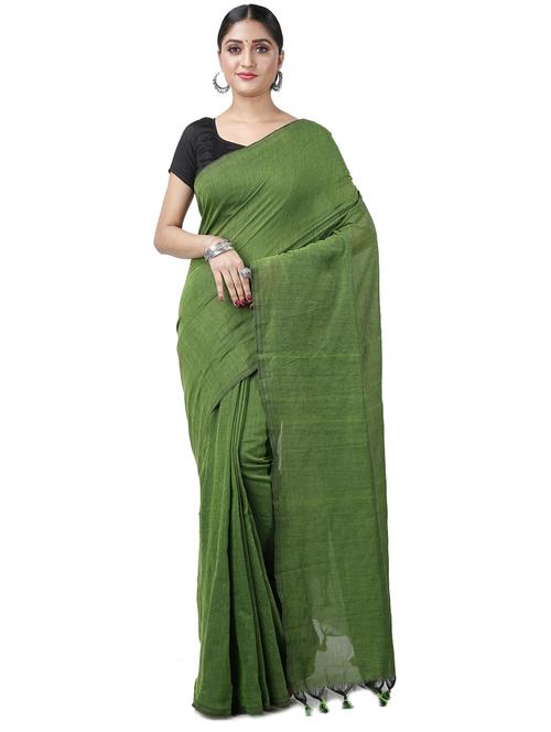 green cotton blend handloom saree - 21185037 - Very Small Image - 1