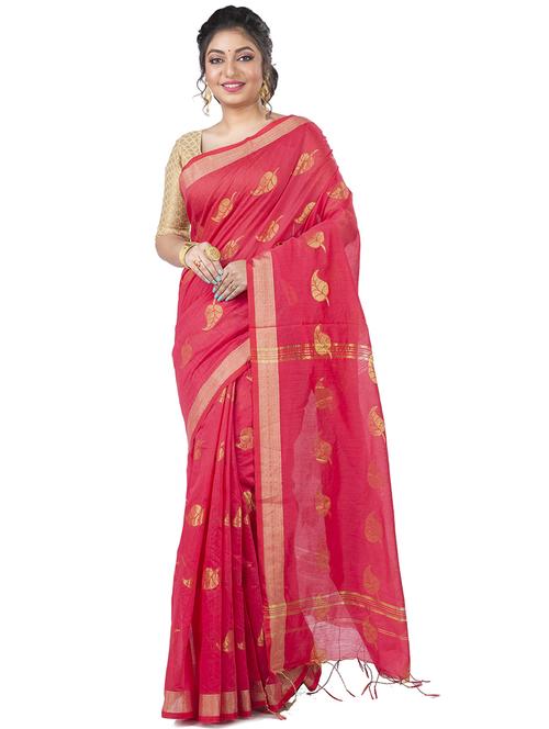 red cotton blend handloom saree with blouse - 21185056 - Very Small Image - 1