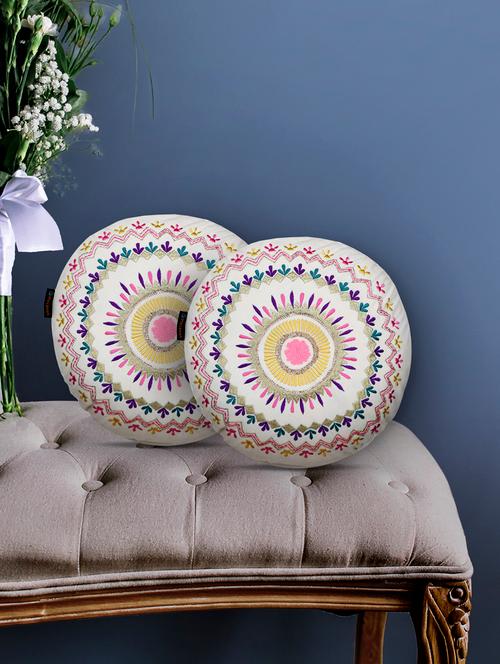 mezposh natural & multi mandala embroidered cotton canvas cushion covers (16 inch dia) set of 2 - 21186027 - Very Small Image - 1
