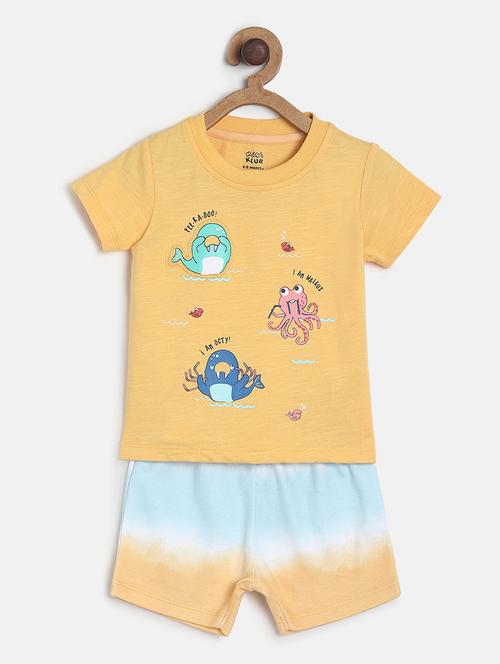 yellow printed cotton t-shirt & shorts set - 21186463 - Very Small Image - 1