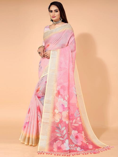 pink floral print saree with blouse - 21218177 - Very Small Image - 1