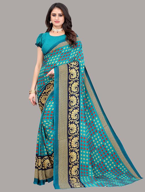 women turquoise printed georgette saree - 21220236 - Very Small Image - 1
