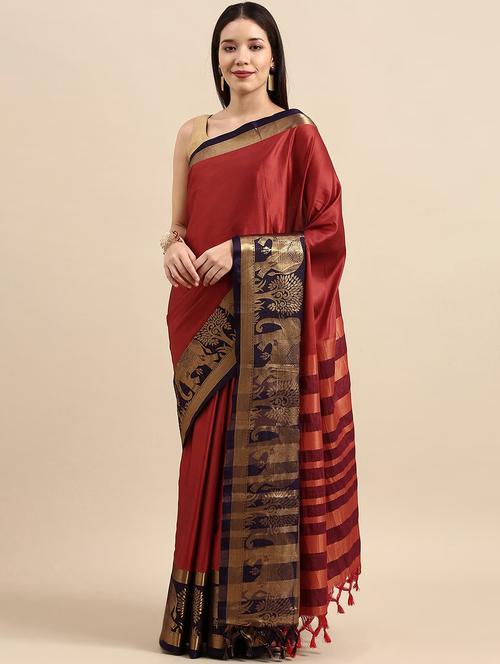 women maroon solid zari bordered saree with blouse - 21225908 - Very Small Image - 1