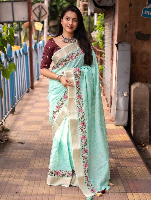 women printed zari boredered saree - 21226032 - Very Small Image - 1