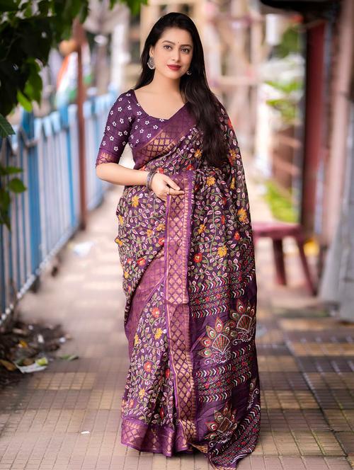women printed zari bordered saree - 21226116 - Very Small Image - 1