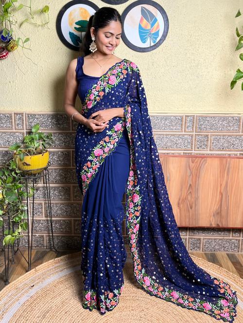 women solid with work bordered saree with blouse - 21226242 - Very Small Image - 1