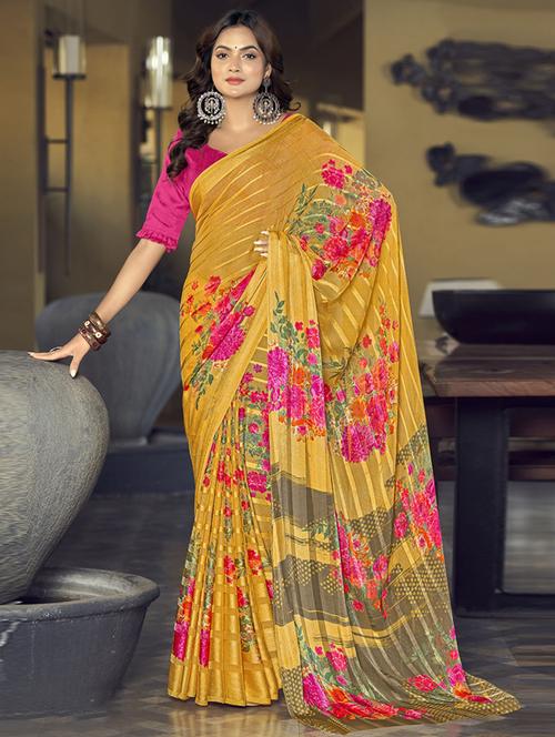 yellow printed saree - 21226281 - Very Small Image - 1