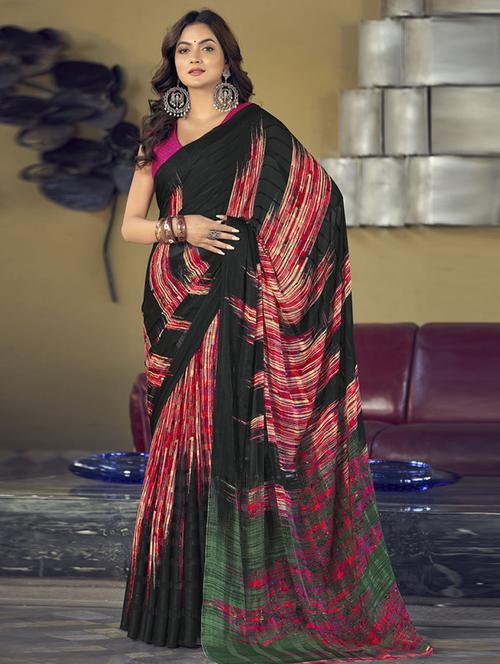 black printed saree with blouse - 21226282 - Very Small Image - 1