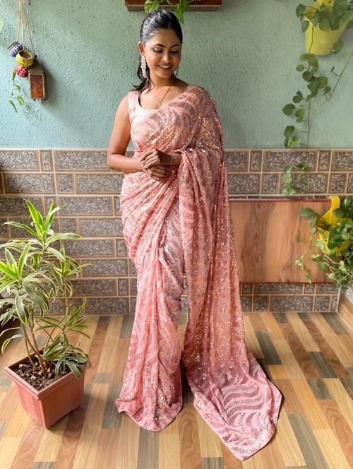 women embellished georgette saree with blouse - 21226303 - Very Small Image - 1