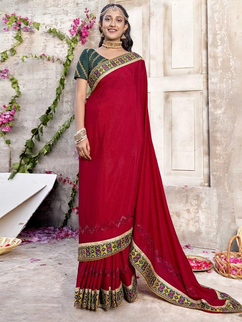 women red solid bordered saree - 21226342 - Very Small Image - 1