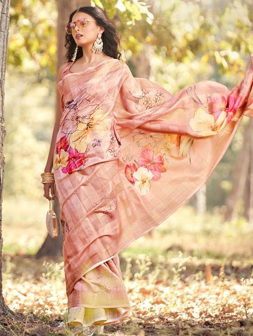 women peach floral printed saree with blouse - 21226405 - Very Small Image - 1
