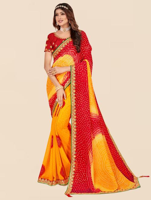 women mustard bandhani printed saree with blouse - 21226419 - Very Small Image - 1