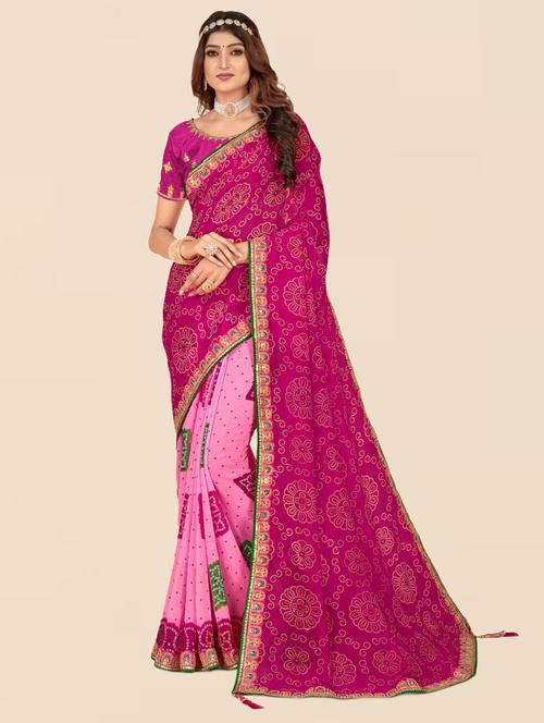 women pink bandhani printed saree with blouse - 21226421 - Very Small Image - 1
