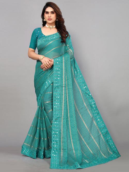 women teal solid lace work saree with blouse - 21226427 - Very Small Image - 1