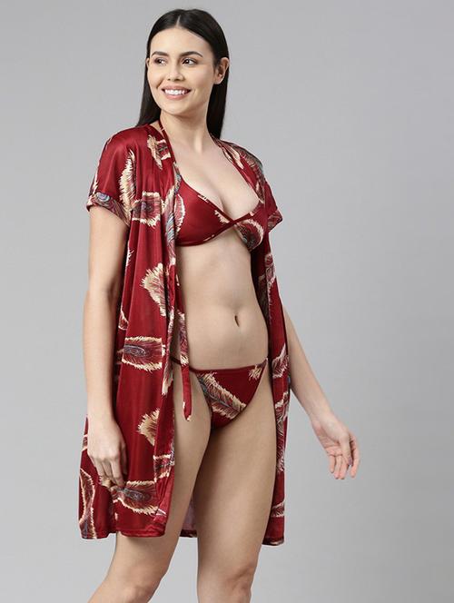 women printed satin babydoll set - 21231202 - Very Small Image - 1