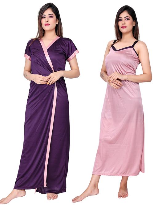 women solid satin nighty with robe - 21231576 - Very Small Image - 1