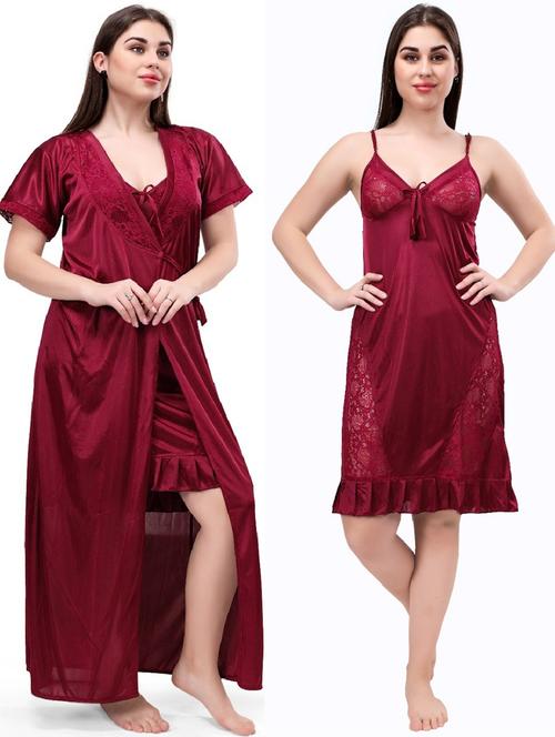 women solid satin nighty combo - 21231672 - Very Small Image - 1