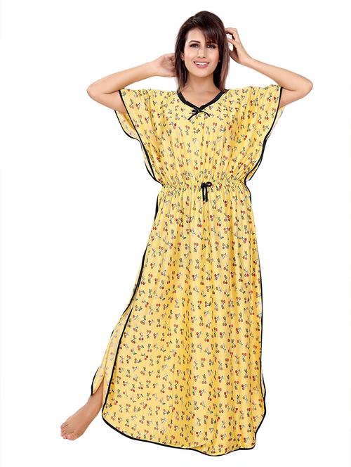 yellow printed satin nighty - 21231692 - Very Small Image - 1