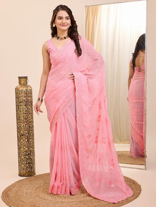women peach embroidered saree with blouse - 21233911 - Very Small Image - 1