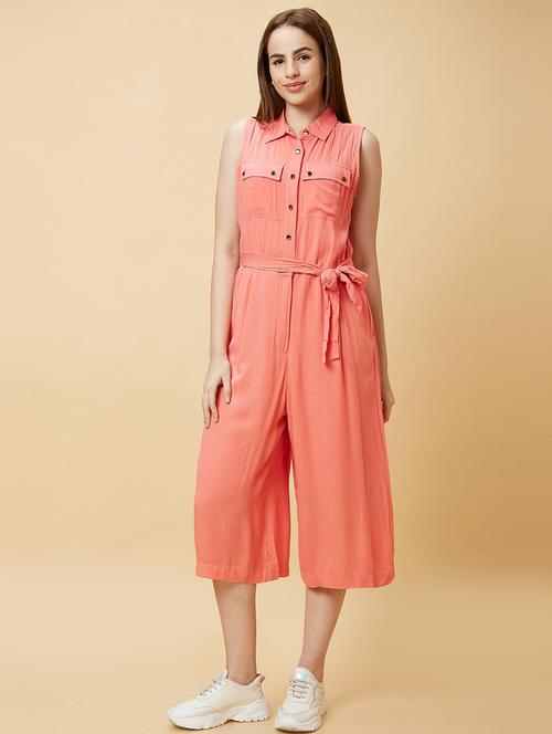 coral solid rayon calf length jumpsuit - 21237736 - Very Small Image - 1