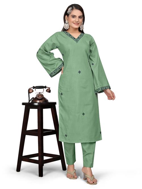 women green v neck kurta pant set - 21238641 - Very Small Image - 1