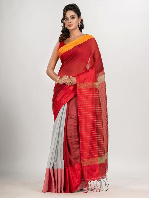 red cotton blend handloom saree - 21240282 - Very Small Image - 1