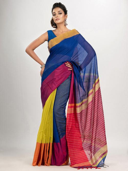 blue cotton blend handloom saree with blouse - 21240290 - Very Small Image - 1