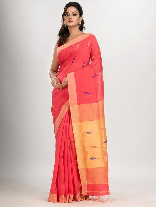 red cotton blend jamdani saree with blouse - 21240313 - Very Small Image - 1