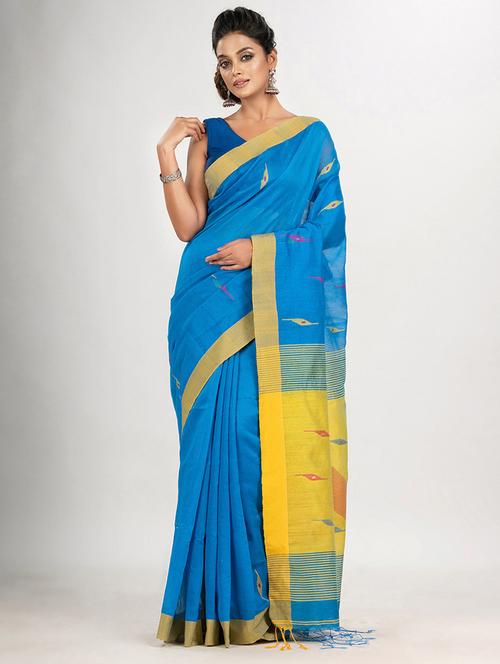 blue cotton blend jamdani saree - 21240316 - Very Small Image - 1