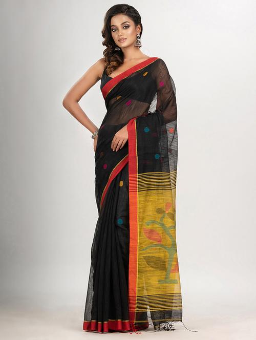 black cotton blend jamdani saree - 21240325 - Very Small Image - 1