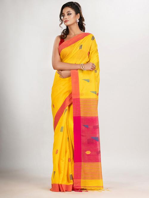 yellow cotton blend jamdani saree - 21240338 - Very Small Image - 1