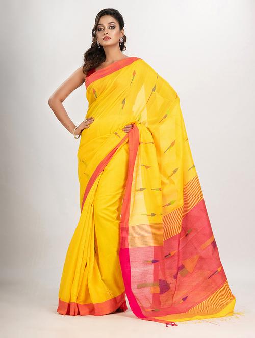 yellow linen jamdani saree - 21240345 - Very Small Image - 1