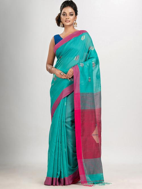 turquoise cotton jamdani saree - 21240351 - Very Small Image - 1