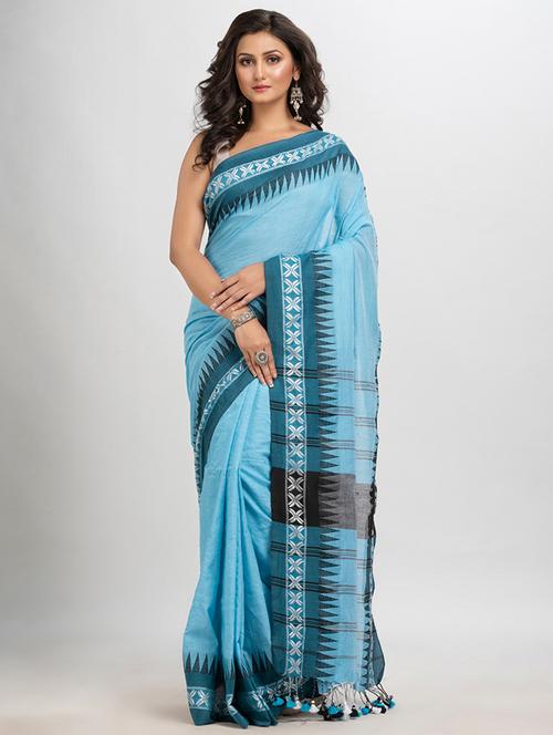 light blue linen handloom saree with blouse - 21240533 - Very Small Image - 1