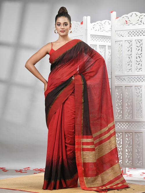 maroon linen handloom saree with blouse - 21240559 - Very Small Image - 1
