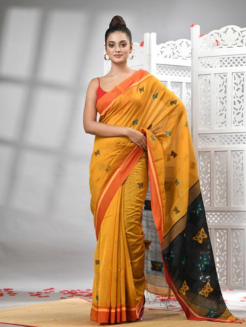 yellow linen handloom saree - 21240564 - Very Small Image - 1