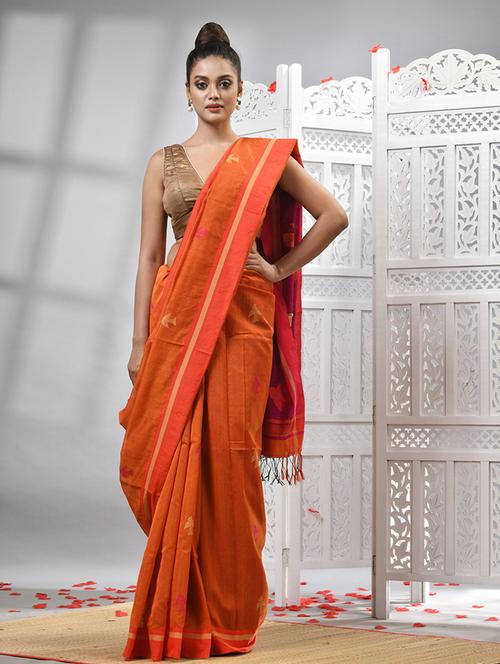 orange linen handloom saree with blouse - 21240567 - Very Small Image - 1